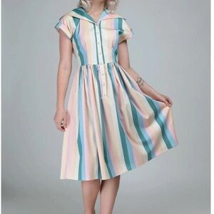 NWT Judy by Collectif “Teacup” Striped Multicolor Retro Dress, UK 8